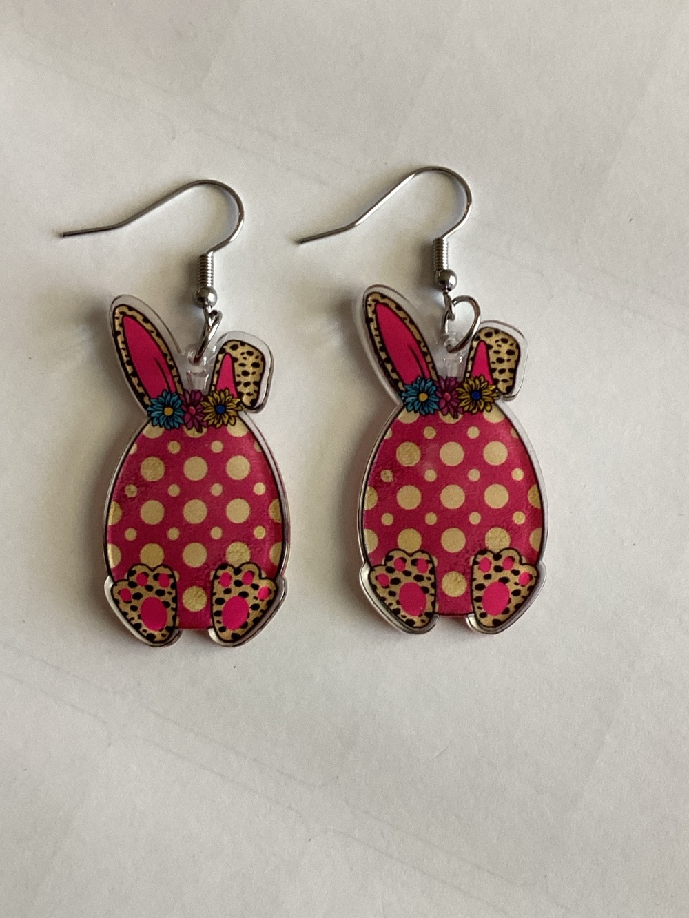 Pink Polka Dot Bunny Drop Earrings - Floral Accent